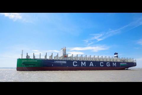 The 23,000-TEU CMA CGM Jacques Saade is expected to begin sea trials shortly. (Picture courtesy of Hudong-Zhonghua Shipbuilding)